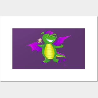 Happy dino dragon with a flower Posters and Art
